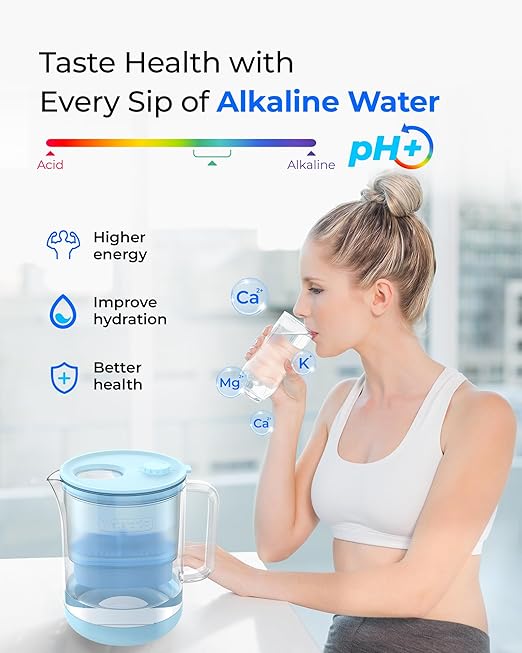 Waterdrop PT-72B-A Glass Alkaline Water Filter Pitcher, 7-Cup, Eco-Friendly, Enhances Alkaline Water, for Home & Office, Reduces PFOA/PFOS, Chlorine, Cadmium, Copper & Mercury, Blue