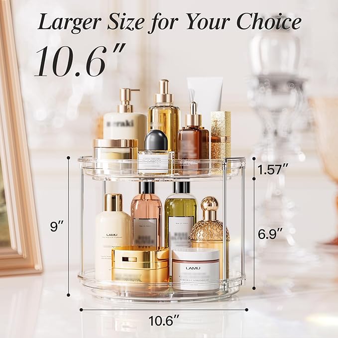 LAMU 3 Pack 10.6'' 2-Tier Lazy Susan Turntable Organizer Rotating Spice Rack Organization for Cabinet, Kitchen, Pantry, Countertop, Bathroom, Vanity, Makeup Organizer, Clear