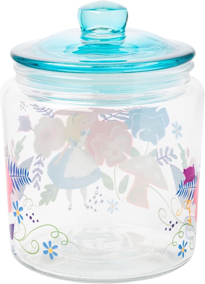 Silver Buffalo Disney Alice in Wonderland Flowers and Mushrooms Glass Cookie Snack Candy Jar with Lid (Small)