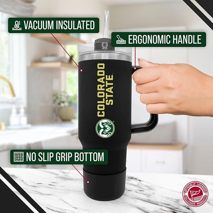 Campus Colors College & University 40 oz Travel Tumbler With Handle - Dual Option Lid With Straw - Vacuum Insulated Stainless Steel (Colorado State Rams - Black)
