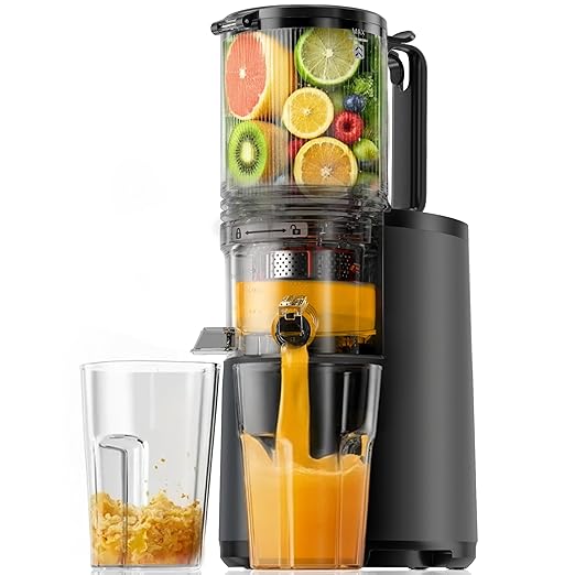 Cold Press Juicer, EUHOMY 5.4" Extra Large Feed Chute Slow Masticating Juicer, 250W Juicer Machines, 99.6% High Juice Yield,for Whole Vegetables & Fruits, Reverse Function, Easy to clean.Black