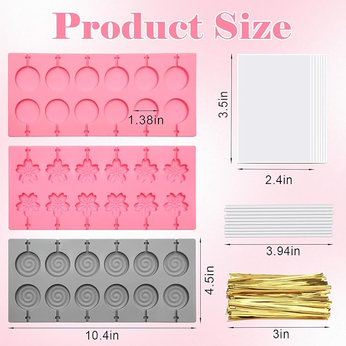 303Pcs Silicone Lollipop Molds Kit, Lollipop Maker Molds Set, Non-Stick Lollipop Candy Molds for Chocolate, 3D Flower Silicone Mold for Hard Candy with 100P Sticks, 100P Candy Bags, 100P Ties