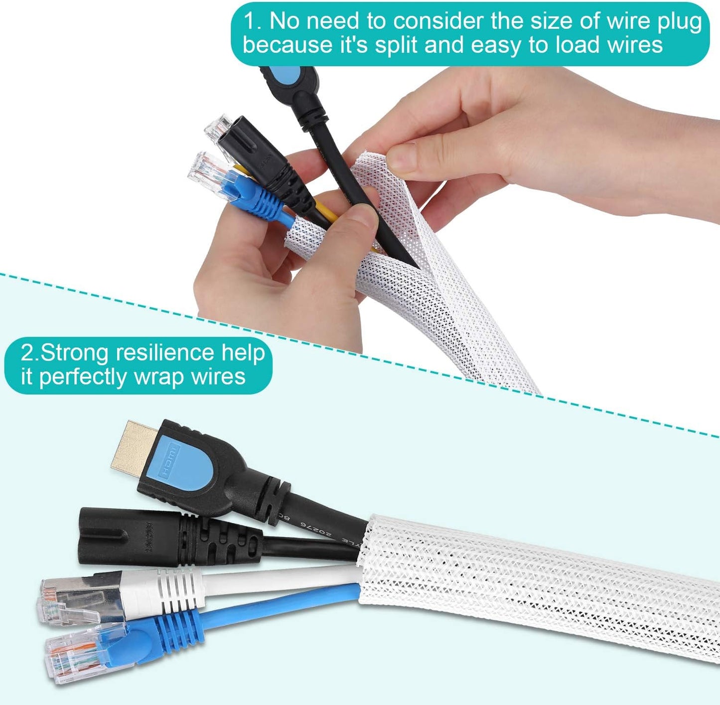 20ft - 1/2 inch White Cable Sleeve, Cable Organizer for Desk PC TV Computer, Wire Protector Cable Wrap Cover, Cord Management for Home Office