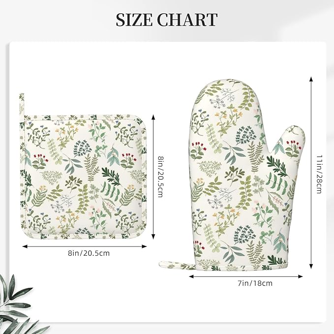 Wildflowers Herbs and Leaves Oven Mitts and Pot Holders Sets Silicone Beige Floral Kitchen Oven Mitts Hot Pads Heat Resistant Potholders Kitchen Mitts Set for Baking BBQ Cooking