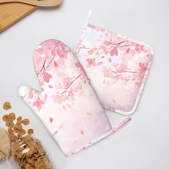 Oven Mitts and Pot Holders Cherry Blossom Flower Japanese Art Silicone Kitchen Accessories Set of 4 Heat Resistant Long Gloves Potholder Non-Slip Grip for Chef Cooking Baking Grilling BBQ