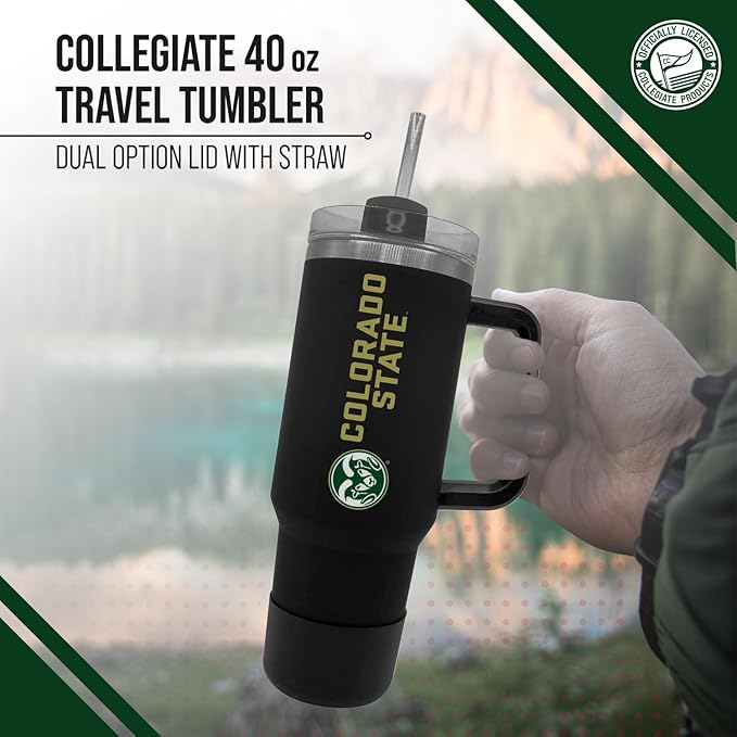 Campus Colors College & University 40 oz Travel Tumbler With Handle - Dual Option Lid With Straw - Vacuum Insulated Stainless Steel (Colorado State Rams - Black)
