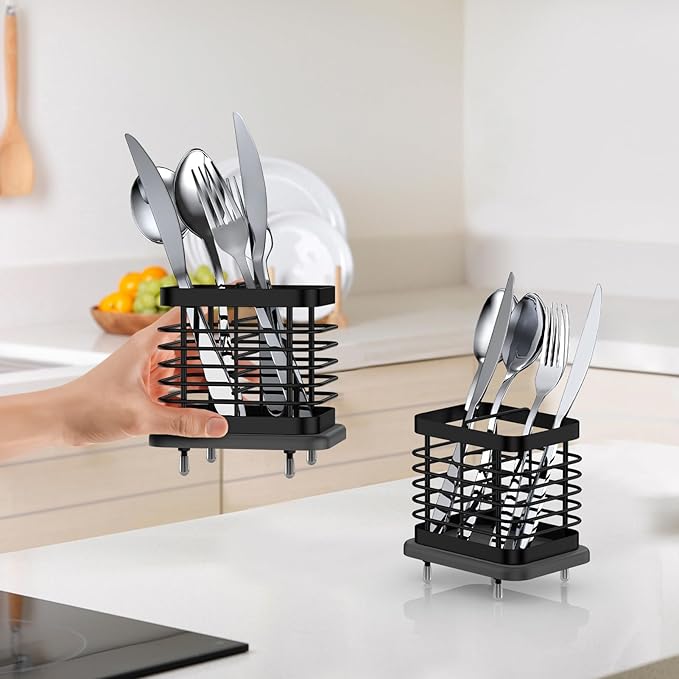 Utensil Holder for Kitchen Counter, Small Stainless Steel Cutlery Holder Organizer with Drying Diatomaceous Earth Base, 2 Slots Utensil Drying Rack Spoon Fork Organizer Crock Storage, Black