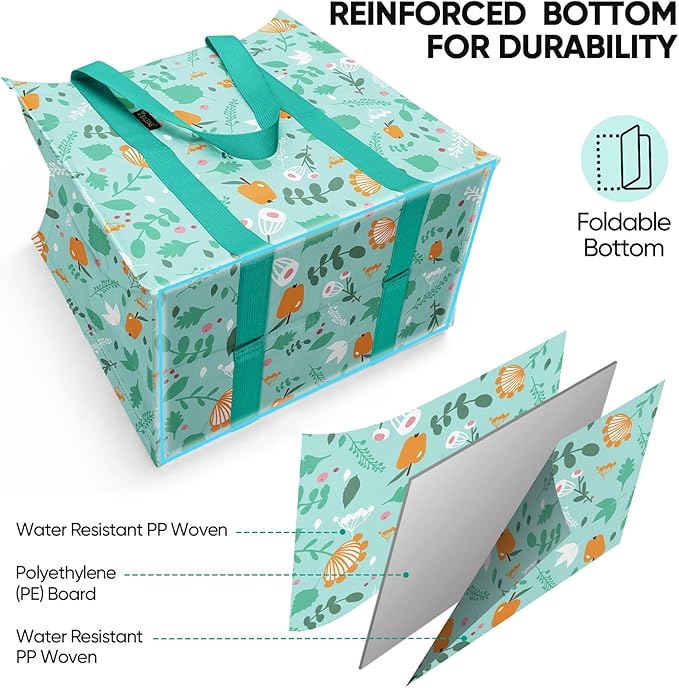 BALEINE 4 PK Grocery Bags Reusable Shopping Bags with Reinforced Bottom, Heavy Duty Foldable Tote Bags (Spring Stroll)