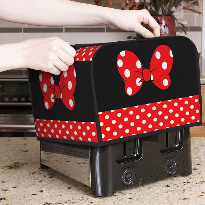 Red Polka Dot Bow Covers for Toasters 4 Slice,Cute Funny Bread Machine Cover with Handle,Washable Stain Resistant Kitchen Small Appliance Cover Dining Decor