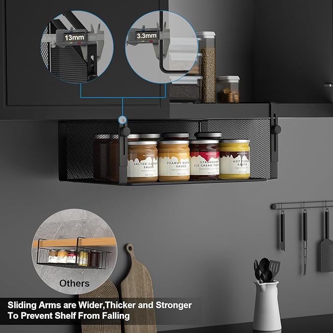 AmonHouseware 2Pack Under Shelf Basket Organizer,Adjustable Hanging Holder for Cabinet Pantry Kitchen Cupboard Desk Counter Bookshelf Organization Add-on Space Saver Heavy Duty Slide-in (Black, Large)