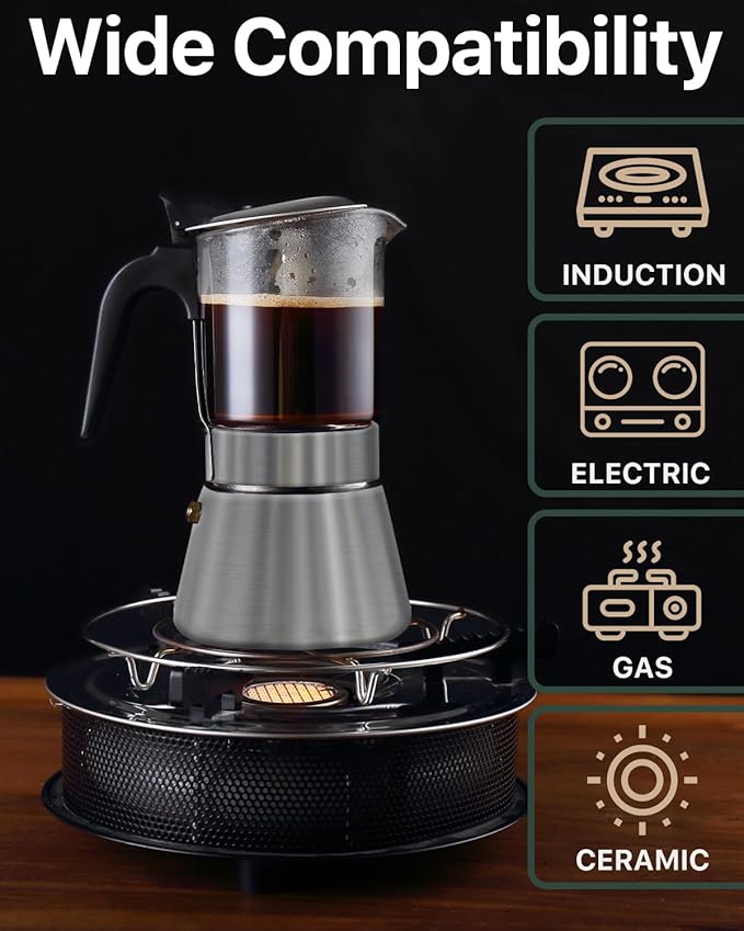 Grasseed Crystal Glass-Top Moka Pot, Polished Stainless Steel Stovetop Espresso Maker for Italian Coffee, Gift for Coffee Lovers - 4 Cup/160ml/5.6oz