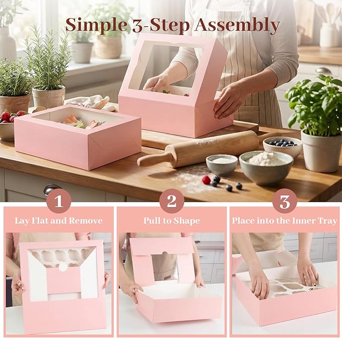 VGOODALL 12 Count Cupcake Boxes, 6PCS 13.2x9.8x4Inches Pink Cupcake Container with Window Boxes Holding 72 Pastry Box for Birthday Holiday Party Bakery Supplies