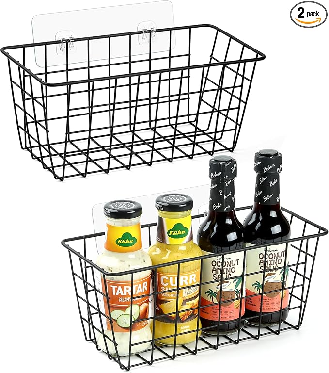 ZUSHALLMY 2 Pack Hanging Kitchen Baskets, Adhesive Wire Wall Storage Basket, No Drilling Hanging Fruit Baskets, Cabinet Door Organizer for Kitchen Bathroom Pantry, Upgrade Super-sized Adhesive