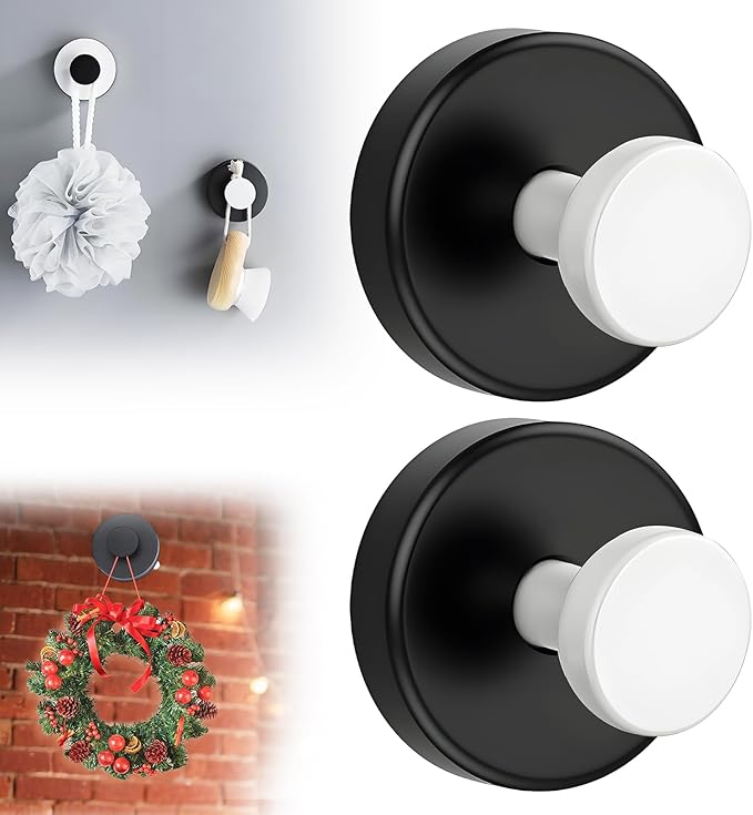Suction Cup Hooks for Wreaths on Glass, 2025 New No Drill Suction Cup Hooks for Shower, Wreath Hanger Holder for Front Door, Upgraded Towel Hooks for Window Bathroom Mirrors (2, Black White)