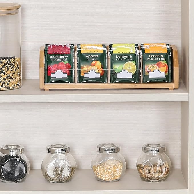 TIOPGHAD Small Bamboo Tea Bag Organizer Storage Holder for Tea Bags Wood Tea Box Containers Tea Rack Teabag Station Stand for Cabinet Countertop Office