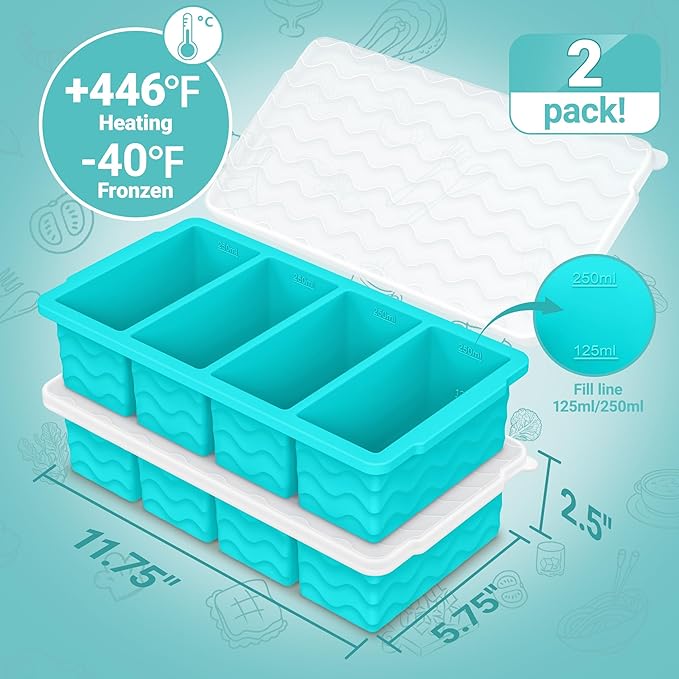 Doasuwish Silicone Freezer Tray for Soup with Lid – 1-Cup Soup Container Cube Style Ice Cube Trays for Freezer, Meal Prep & Food Storage, Freeze 250mL/125mL Portions 4Pcs (4Color)
