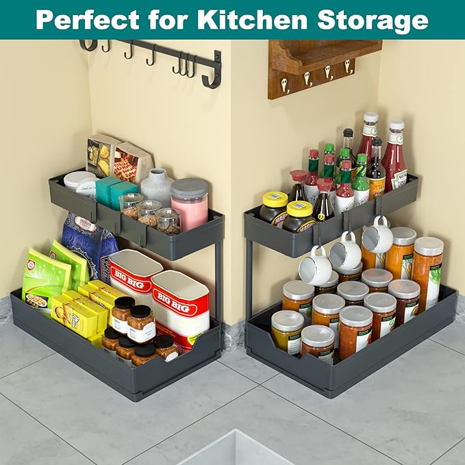 L shape Under Sink Organizers with 2 Pack of Black and 2 Pack of White，Sliding L-shape Cabinet Organizers Narrow Space Storage Multi-purpose Sink Organizer for Bathroom Kitchen Drawer