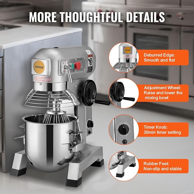 VEVOR Commercial Food Mixer, 15Qt Capacity with Timer, 500W Stainless Bowl Durable Electric Mixer for Commercial Use, 3 Speed Options 113/184/341 RPM, Includes Dough Hook & Whisk