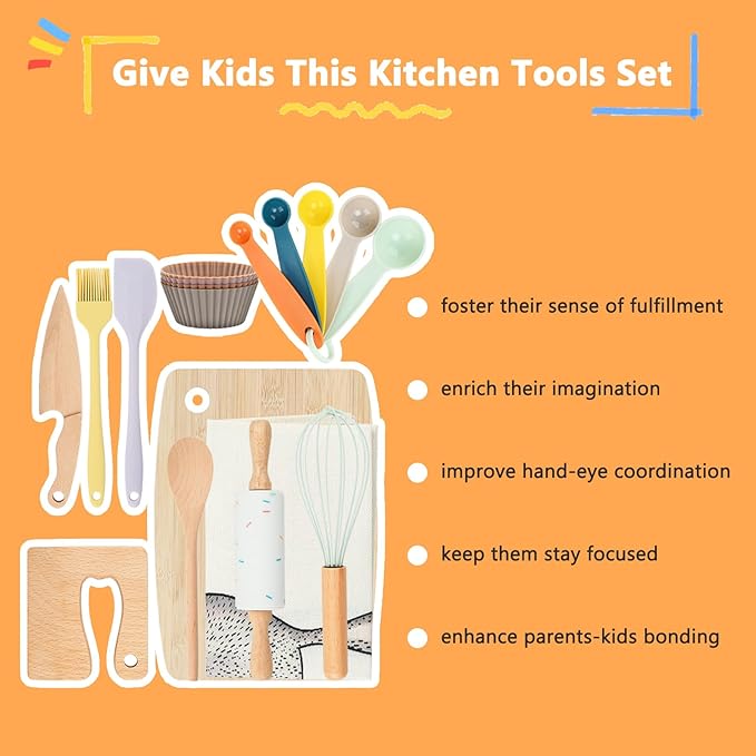 14 Pack Kids Kitchen Tools Set for Real Cooking Montessori Kids Knife and Cutting Board Set Safe for Kids and Toddlers Baking Set Kitchen Accessories