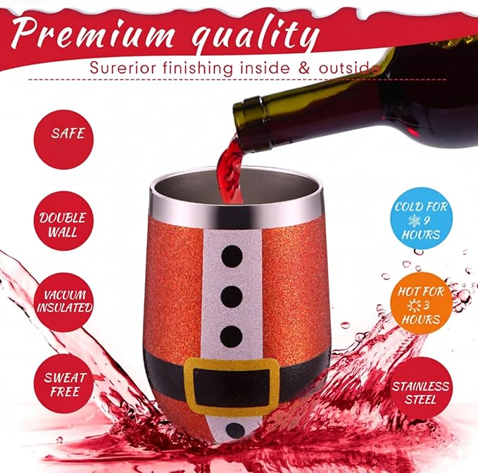 Sliner 4 Pack Pack Christmas Glitter Tumbler Bulk, 12 oz Holiday Wine Tumbler Set Stainless Steel Insulated Sparkling Glitter Cup with Lids Straws and Brushes Travel Mug Xmas Gift (Classic Style)