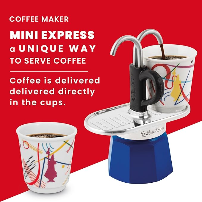 Bialetti - Mini Express Kandinsky: Moka Set includes Coffee Maker 2-Cups (2.8 Oz) + 2 shot glasses, Light Blue, Aluminum