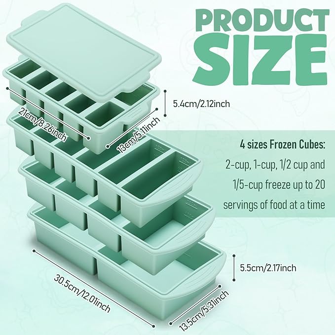 4 Pack Silicone Freezer Trays with Lid, 1/5, 1/2, 1, and 2 Cup Soup Freezer Molds Set Stainless Steel Frame Ice Cube Tray for Meal Prep Freezing Soup Stews Sauces Oven Microwave Safe(Green)