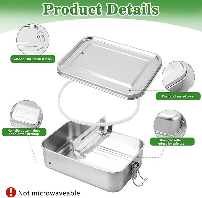 304 Stainless Steel Bento Box 4 Pack,1400/850/550ml Stainless Steel Lunch Box with Spoon, Fork, Lunch Bag, Leak Proof Stackable Food Containers with Lids for Adults Office Camping Picnic Travel