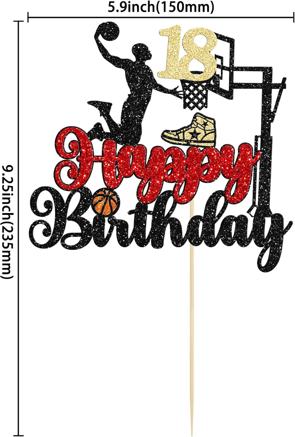 Ephlyn Basketball Happy 18th Birthday Cake Topper, 1Pc, Cake Pick for 18th Birthday Decoration, Sports Party Supplies, Black