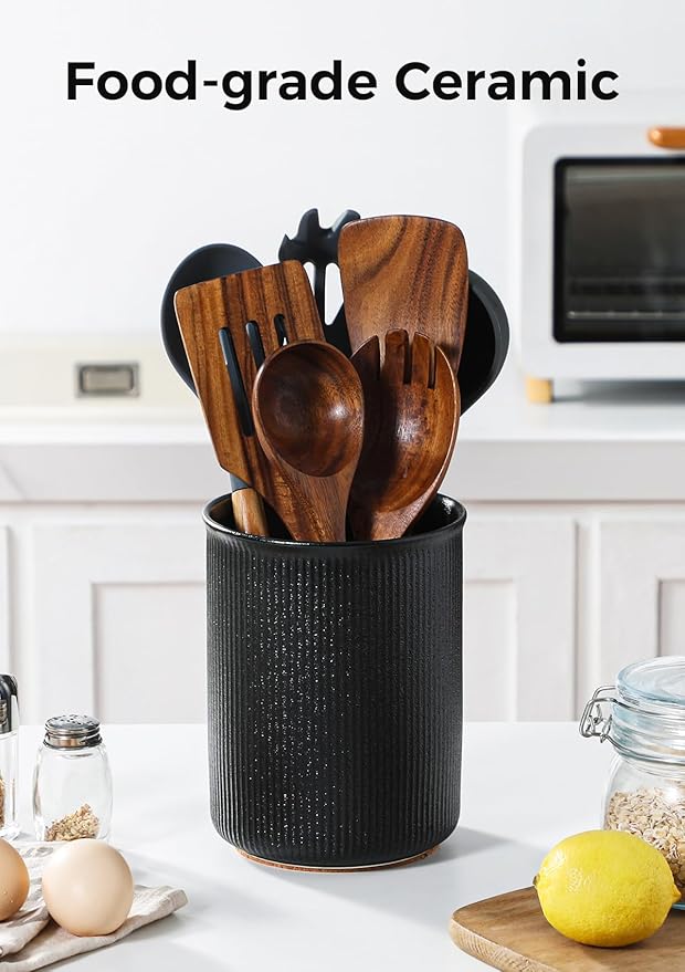 LoeJan Utensil Holder, Extra Large Utensil Crock, Stable Ceramic Utensil Organizer, Cooking Tool Organizer Set for Kitchen Counter Farmhouse Décor, Textured Black