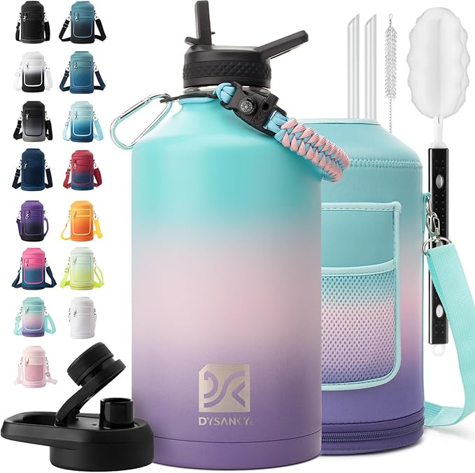 DYSANKY 1 Gallon Water Bottle Insulated | Thickened Stainless Steel Vacuum Metal Water Jug | Portable Sports Large for Gym and Hiking with Straw, Carrier Bag, Handle Strap | BPA-Free 128 oz