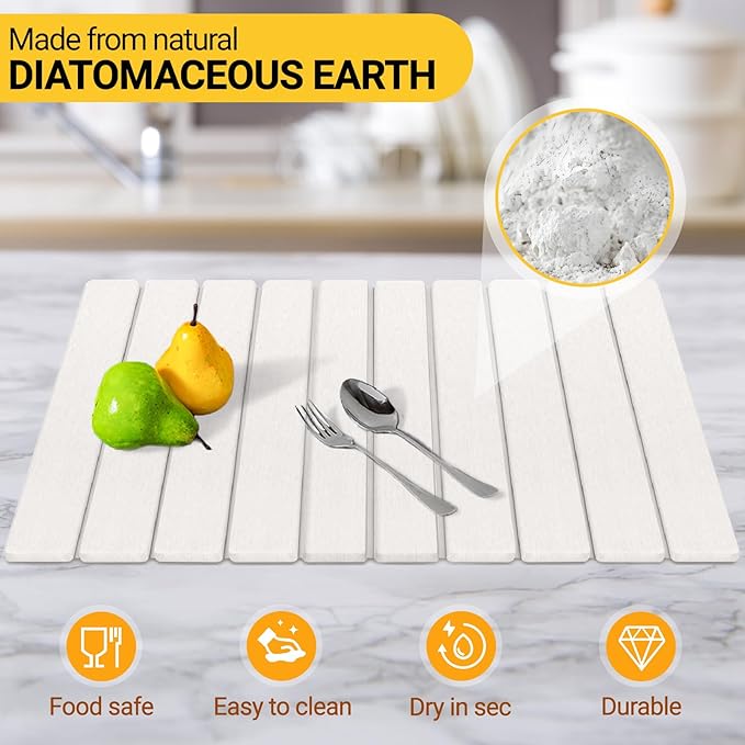 Large Stone Dish Drying Mat for Kitchen Counter - 23"x 15" Super Absorbent Diatomaceous Earth Fast Drying Mat - Collapsible, Easy-to-Clean, Minimalist Design