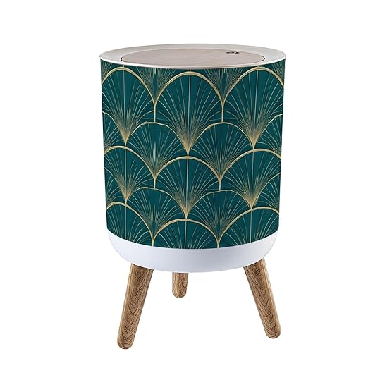 Trash Can with Lid Golden Elements Blue Seamless Art Deco Style Press Top Round Small Garbage Bin with Wooden Legs Waste Basket for Kitchen Bedroom Nursery 7L/1.8 Gallon