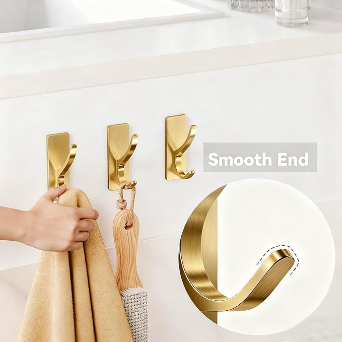 pickpiff Brushed Gold Self Adhesive Coat Hooks for Hanging: 13LB Extra Strong Stainless Wall Hook for Towel, Utensil, Backpack, Hat, Sturdy Metal Hanger for Bathroom, Kitchen, Door, 6-Pack
