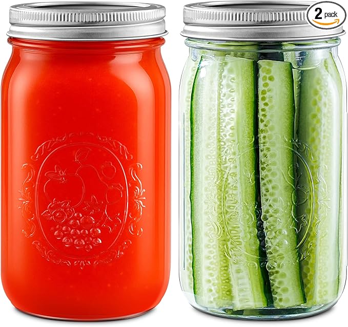 Miuyhji Wide Mouth Mason Jars 32 oz with Lids [2 Pack], Canning Jars with Metal Airtight Lids and Bands, Glass Jars for Fermenting, Pickling, Freezing, Preserving, Meal Prep, Jar Décor