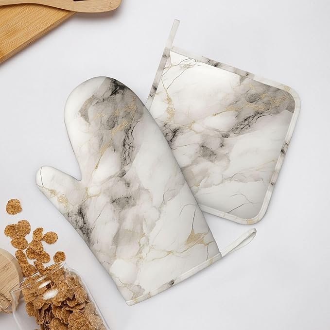 Oven Mitts and Pot Holders Set, Marble Pattern Gray White Silicone Kitchen Accessories 4 Piece Heat Resistant Long Gloves Potholder Non-Slip Grip for Chef Cooking Baking Grilling BBQ