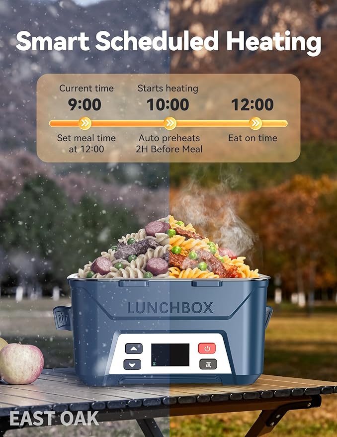 EAST OAK Heated Lunch Box for Men, Electric Lunch Box for Adults, 5.5 Cups Cordless Portable Food Warmer, Rechargeable Self Heating Food Heater with Memory Function, Automatic Keep Warm(Classic Blue)