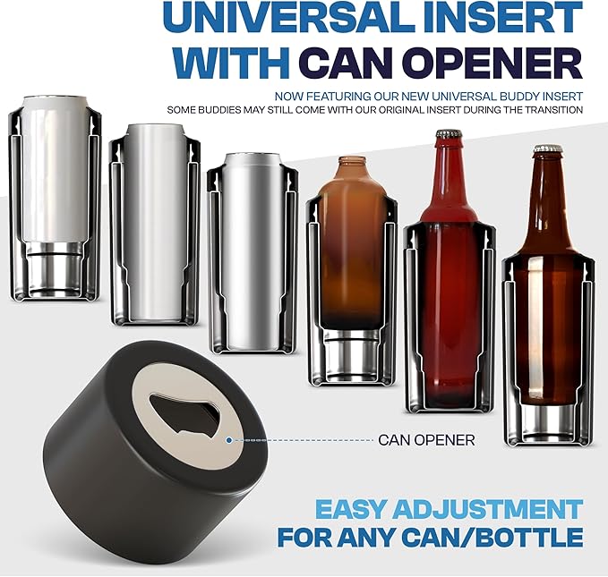 Frost Buddy Universal Buddy Can Cooler - Fits All - For Regular 12 & 16 oz or Slim-Size Bottles - Insulated Double-Walled Stainless Steel