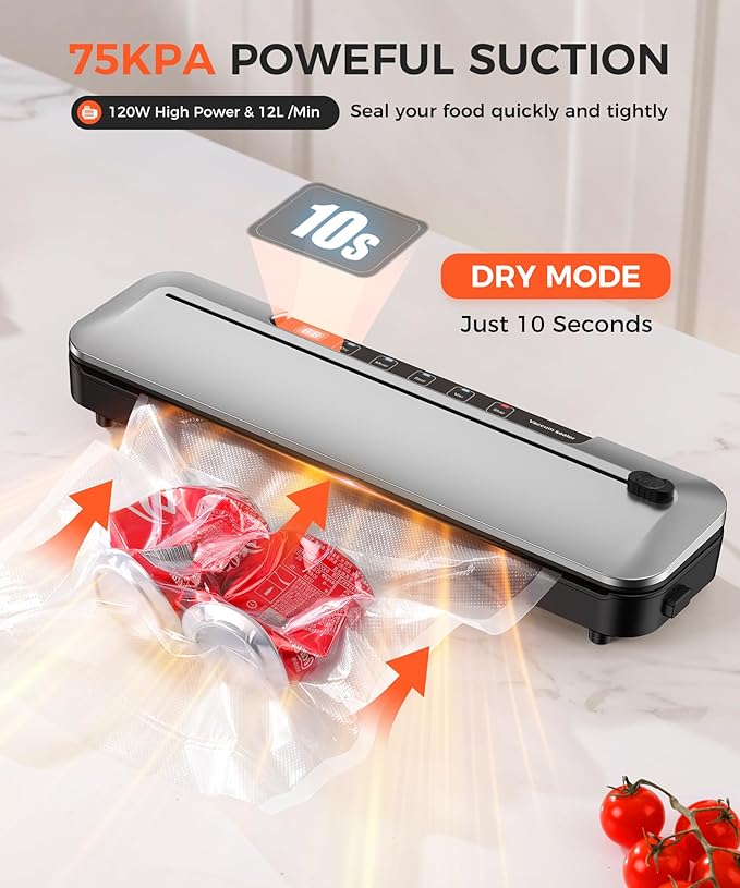 Vacuum Sealer Machine 75Kpa Precision Suction Power 6-in-1 Food Sealer with Digital Timer, Dry & Moist Food Modes, Compact Design with 10 Vacuum Bags & Built-in Cutter(Sliver)