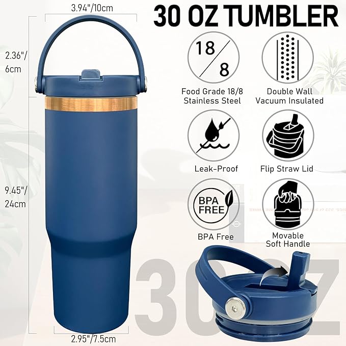 30 oz Tumbler Bulk with Handle and Straw, Vacuum Insulated Tumblers with Flip Straw and Top Handle, Leakproof Powder Coated Tumbler, Stainless Steel Travel Mug for Coffee Water (Navy, 8 Pack)
