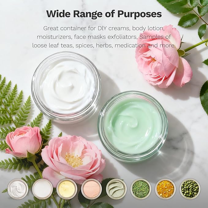 1 oz Small Glass Jars, Bumobum 48 pack Empty Round Clear Jars with Black Lids, White Labels & Inner Liners, Mini Cosmetic Containers for Cream, Lotion