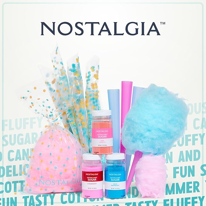Nostalgia FSCC8 Cotton Candy Party Kit 3 Flavors, 4 Reusable Cones, 10 Floss Bags, 1, blue