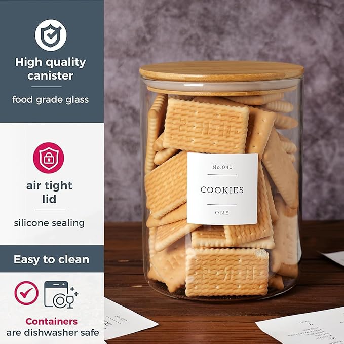 CZZGSM Set of 6 Glass Flour and Sugar jars with 132 Kitchen Pantry Labels - Thicken Large Glass Storage containers with Airtight Bamboo Lid - Rice Canisters for Salt Coffee - 100OZ/54OZ/27OZ