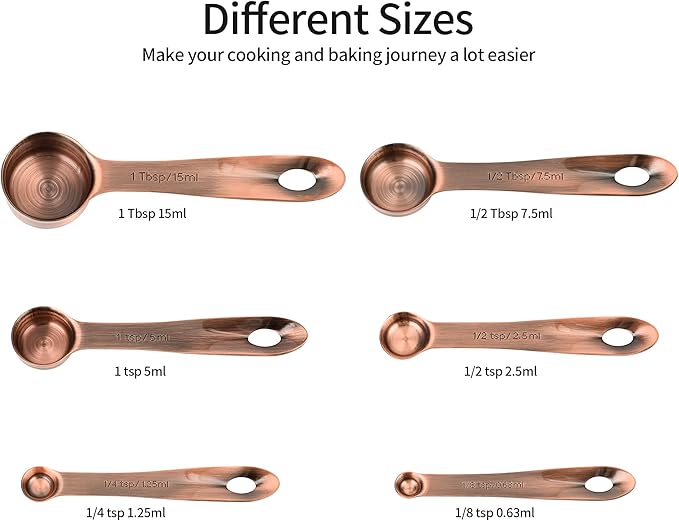 Copper Measuring Spoons Set with Flat Bottom for Kitchen & Baking, Stainless Steel Measuring Spoons Set for Dry & Liquid, Metal Measuring Tools Set with Engraved US & Metri Markings