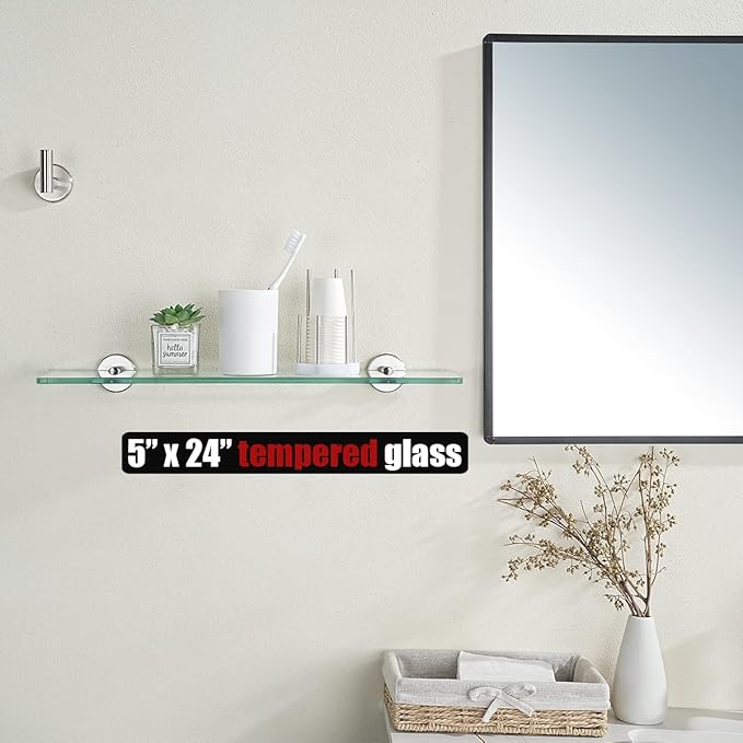 JQK Bathroom Glass Shelf, Tempered Glass Shower Storage 24 by 5 inches, 304 Stainless Steel Brushed Finish Wall Mount, TGS101L24-BN