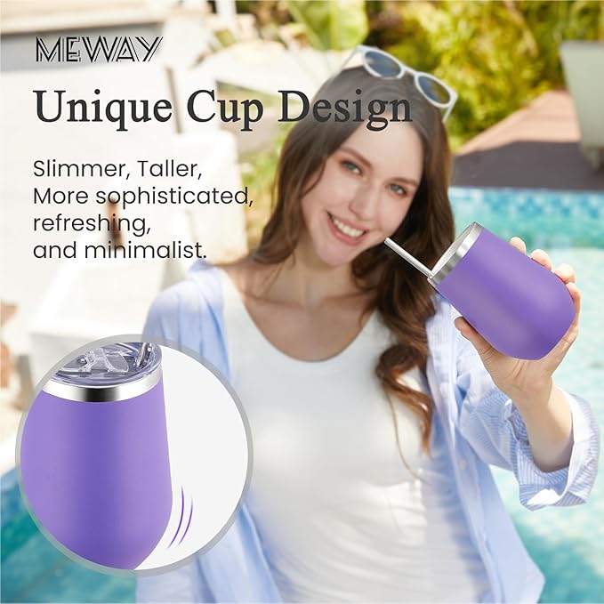 MEWAY 12oz Stainless Steel Wine Tumbler with Lid - Double Wall Vacuum Insulated Swig cups for Hot and Cold Drinks, Ideal for Coffee, Wine, Beer, gifts for Women under 10 dollars(Purple,Set of 8)