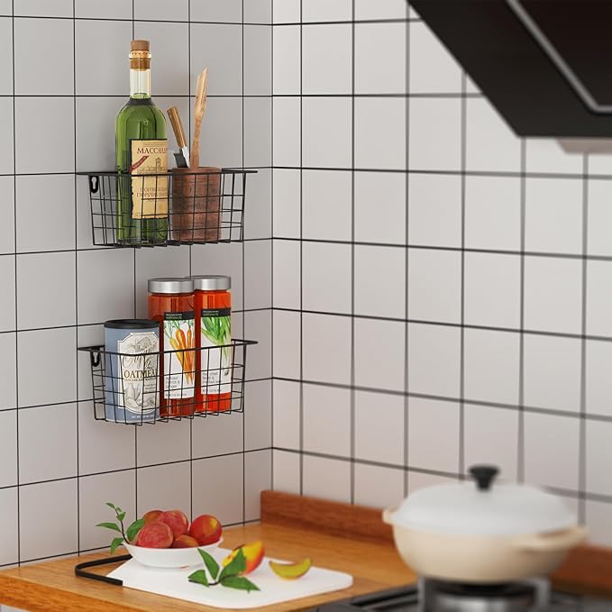 MaraFansie Hanging Kitchen Baskets Wire Storage Basket Adhesive and Screws Basket Over the Cabinet Door Organizer with Adhesive Strips and Screws Accessories, 2 Pack, Black