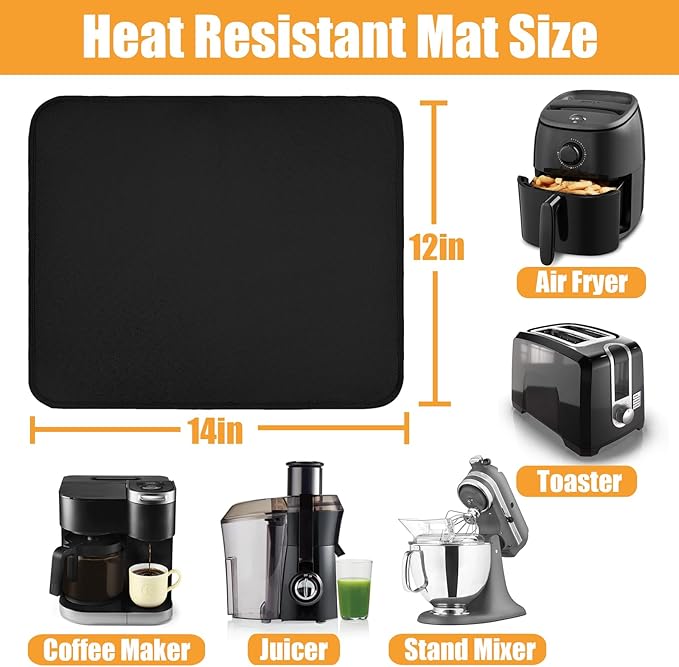 Heat Resistant Mat for Air Fryer, Deep Fryer, Oven, 12x14in Black Hot Pads for Kitchen Counter Heat Protector, Under Coffee Maker Mats for Quartz Countertop Protector