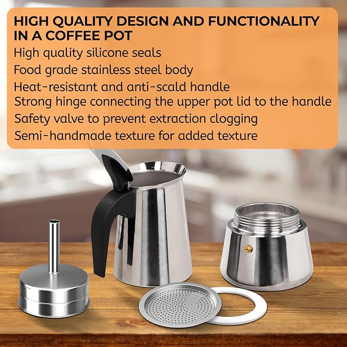 6 Cup 300ml Moka Pot Stainless Steel Espresso Coffee Maker Stovetop Coffeemaker Italian Classic Style Brewing Greca Cafe Mocha Machine for Cafeteras Lover Camping Travel and Home Use 10oz