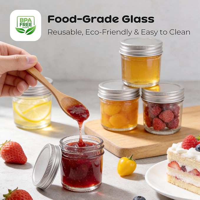 48 Pack 2 oz Small Mason Jars, Mini Glass Jars with Lids for Jam Ginger Shots Honey Spices Wedding Favors, Includes Labels, String & Handmade Tags