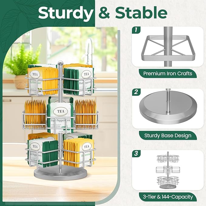 EsLuker.ly Tea Bag Holder Organizer for Counter 3 Tier Metal Tea Bag Storage Rack, Spinning Carousel Tea Packet Display Stand, Tea Organizer Station with Easy Access for Kitchen Office, Silver